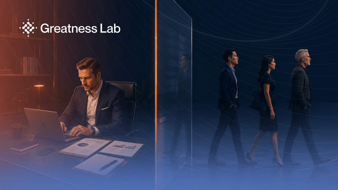 Skilled financial advisor working at a desk while prospects walk past on the other side of a translucent wall, illustrating the visibility gap between competent and known practice owners who attract clients.