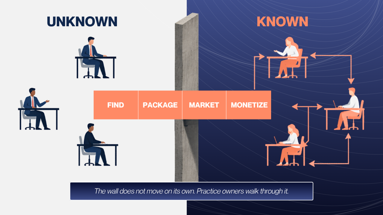 Diagram showing a vertical wall dividing skilled but unknown financial advisors on one side from known and inbound-attracting advisors on the other, with a bridge labeled find, package, market, monetize spanning the wall.